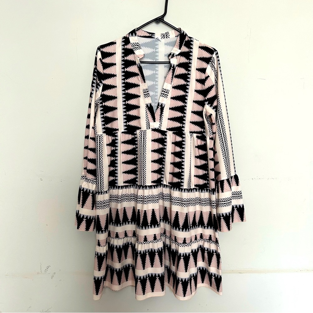 Boho tribal print bell sleeve ruffle flounce v neck empire waiste dress